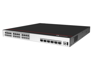 Vista frontal del Switch Huawei CloudEngine S5735-S24P4XE-V2 PoE Puertos y diseño del S5735-S24P4XE-V2 con PoE Switch Huawei PoE modelo S5735-S24P4XE-V2 en rack Conectividad del Huawei CloudEngine S5735-S24P4XE-V2 Especificaciones técnicas del Switch Huawei S5735-S24P4XE PoE