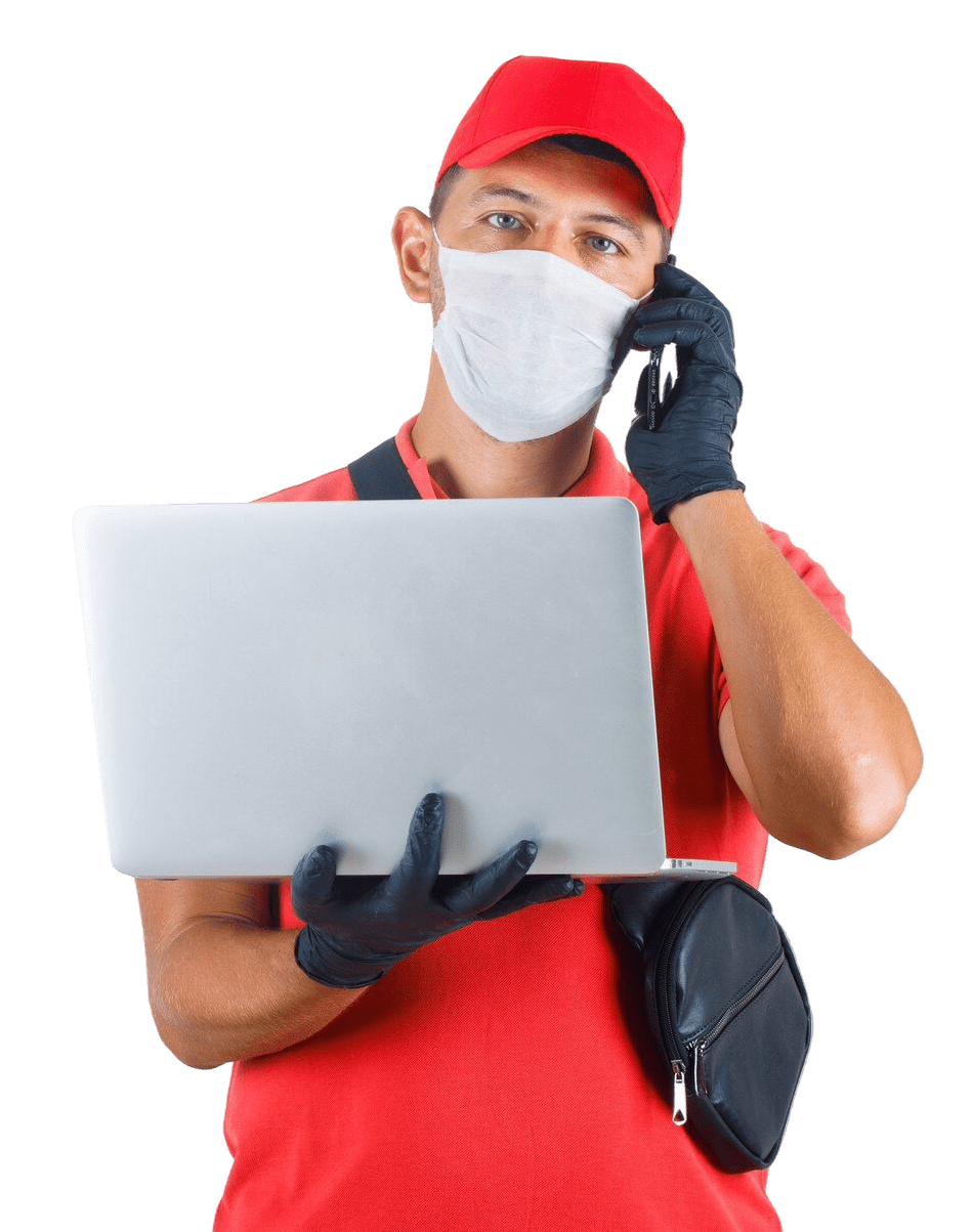 repartidor sosteniendo portatil hablando telefono movil uniforme rojo e1775745872316